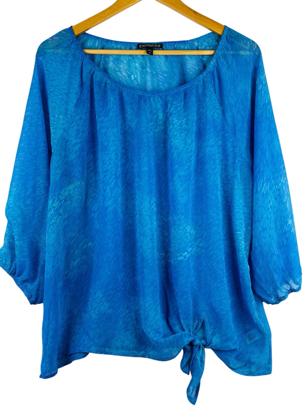 Express Vibrant Blue Sheer 3/4 Sleeve Tie Bottom Layering Cover Up Blouse L
